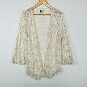 Billabong Ivory Knit Lace Fringe Boho Open Front Cardigan Sweater Women's Medium